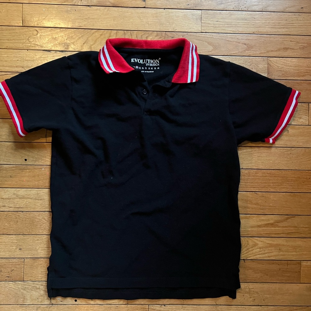 Women’s Evolution Black in Design Golf Polo Shirt Double Red White Stripes Sz M